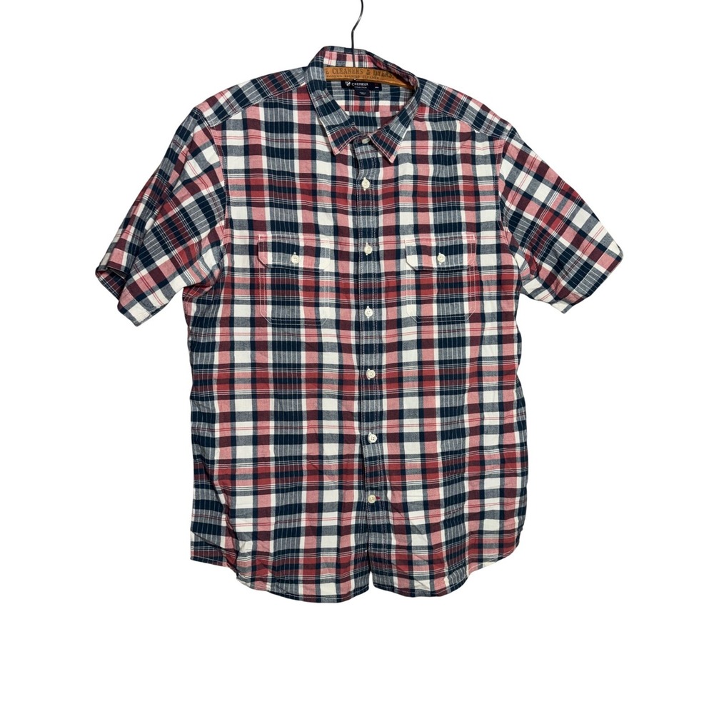 Cremieux Collection Mens XL Slim Fit Plaid Button Up Short Sleeve Shirt Red Blue